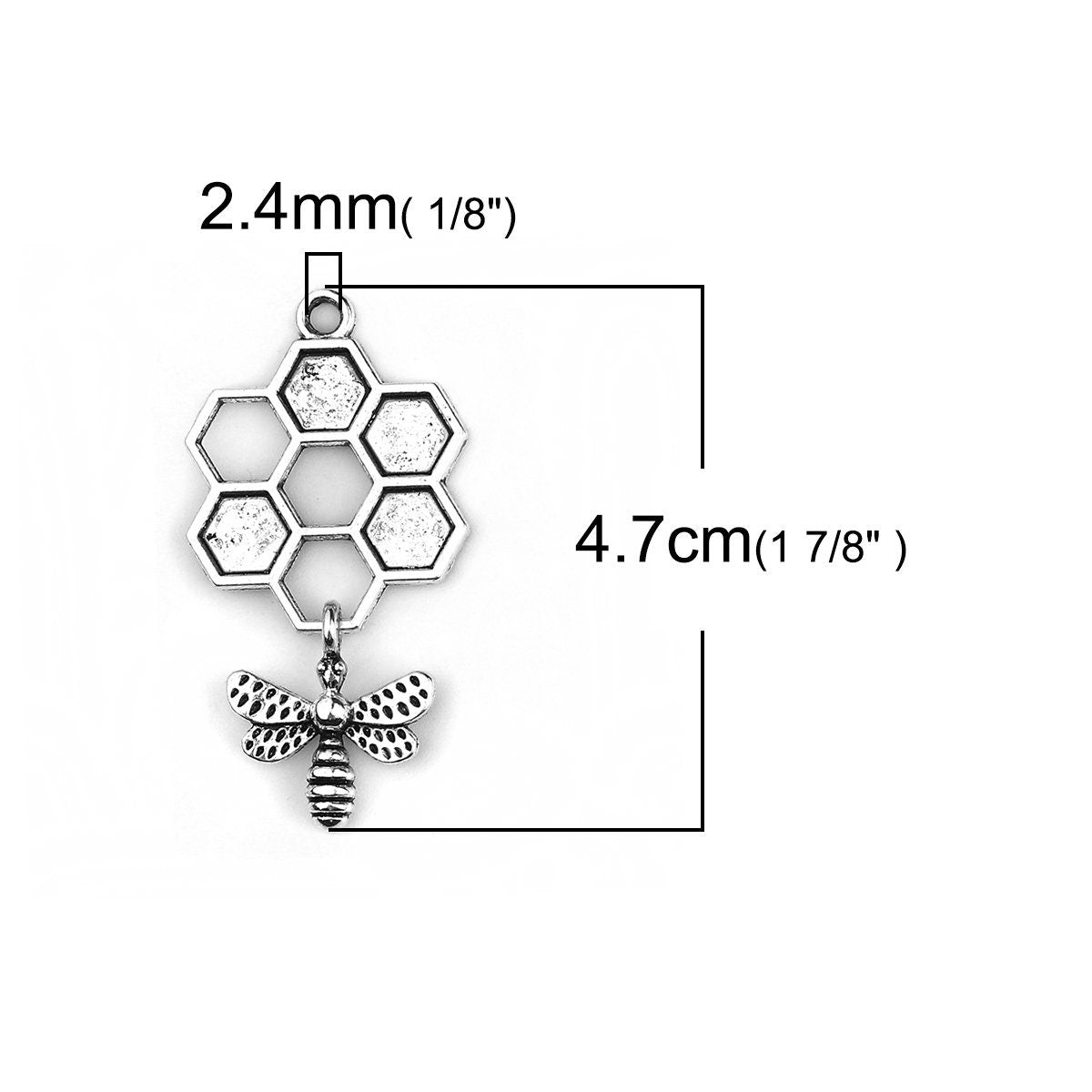 *5* 46x24mm Antique Silver Bee Honeycomb Charms