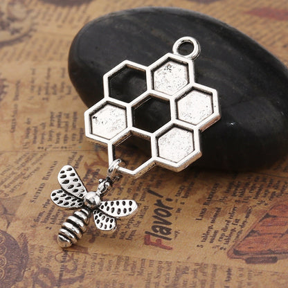 *5* 46x24mm Antique Silver Bee Honeycomb Charms