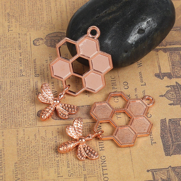 *2* 46x24mm Rose Gold Bee Honeycomb Charms