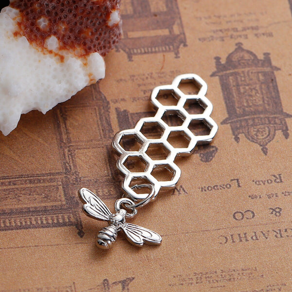 *2* 46x16mm Antique Silver Bee Honeycomb Charms