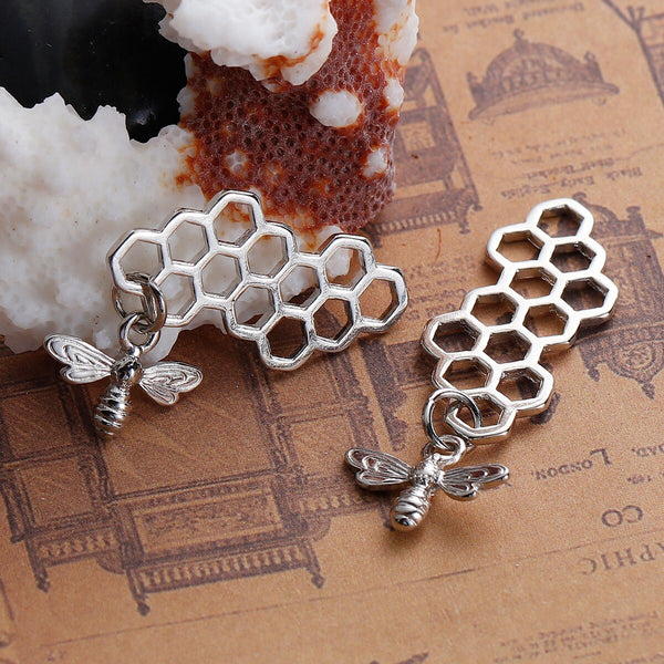 *2* 46x16mm Antique Silver Bee Honeycomb Charms