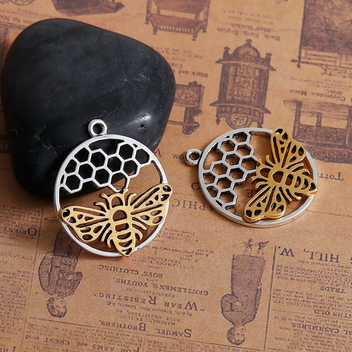 *5* 29x25mm Silver & Gold Bee Honeycomb Charms
