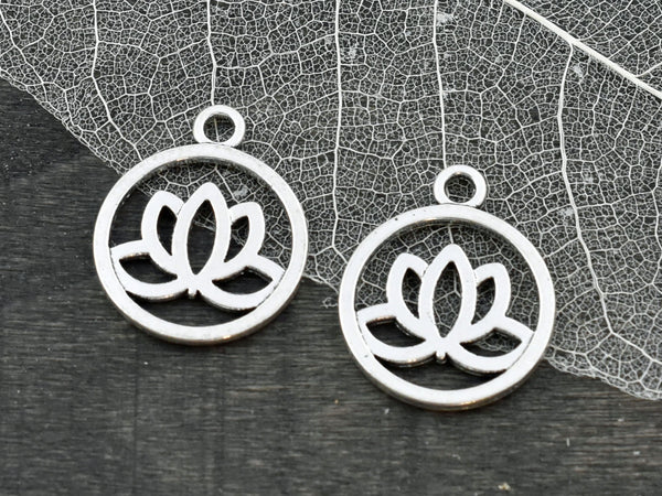 *10* 24x20mm Lotus Flower Round Charms -- Choose from Silver or Gold