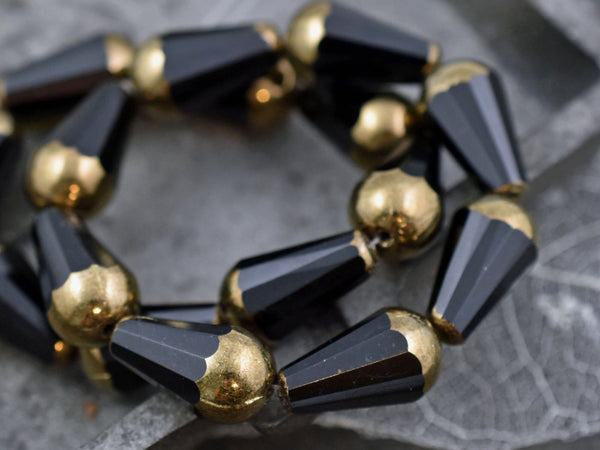 Czech Glass Beads - Picasso Beads - Drop Beads - Teardrop Beads - Black Beads - Faceted Beads - 8x15mm - 4pcs - (4035)