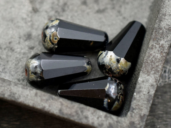 Picasso Beads - Czech Glass Beads - Drop Beads - Teardrop Beads - Black Beads - Faceted Beads - 8x15mm - 4pcs - (4269)