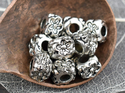 *10* 8x7mm Antique Silver Large Hole Floral Cube Beads