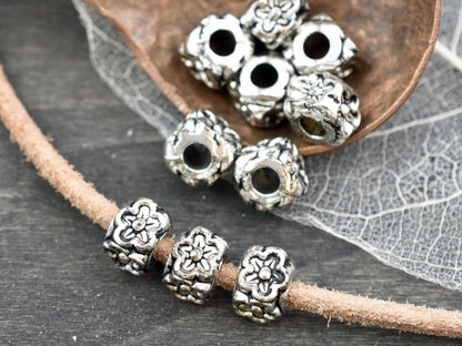 *10* 8x7mm Antique Silver Large Hole Floral Cube Beads