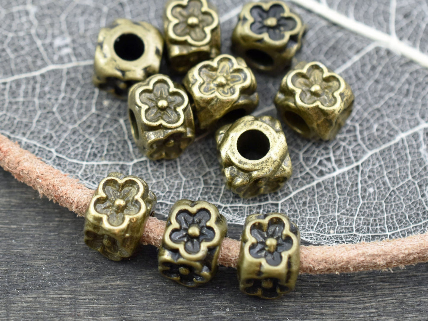 *10* 8x7mm Antique Bronze Large Hole Floral Cube Beads