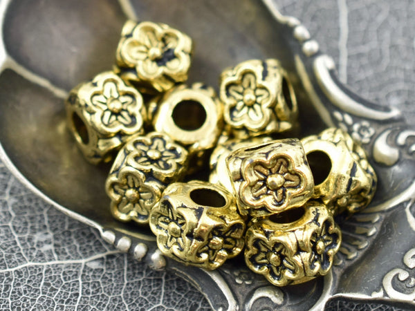 *10* 8x7mm Antique Gold Large Hole Floral Cube Beads