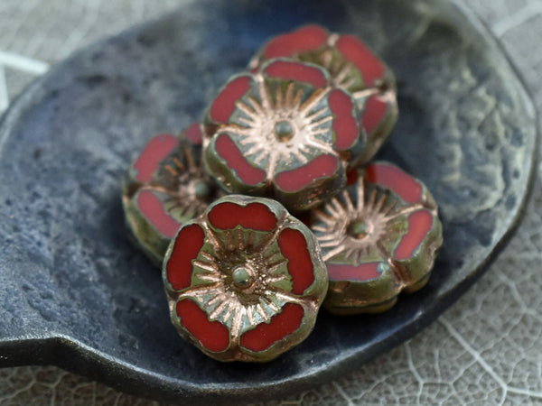 Czech Glass Beads - Hawaiian Flower Beads - Czech Glass Flowers - Red Flower Bead - Hibiscus Flower - 12mm - 6pcs (5973)