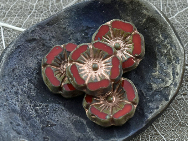 Czech Glass Beads - Hawaiian Flower Beads - Czech Glass Flowers - Red Flower Bead - Hibiscus Flower - 12mm - 6pcs (5973)