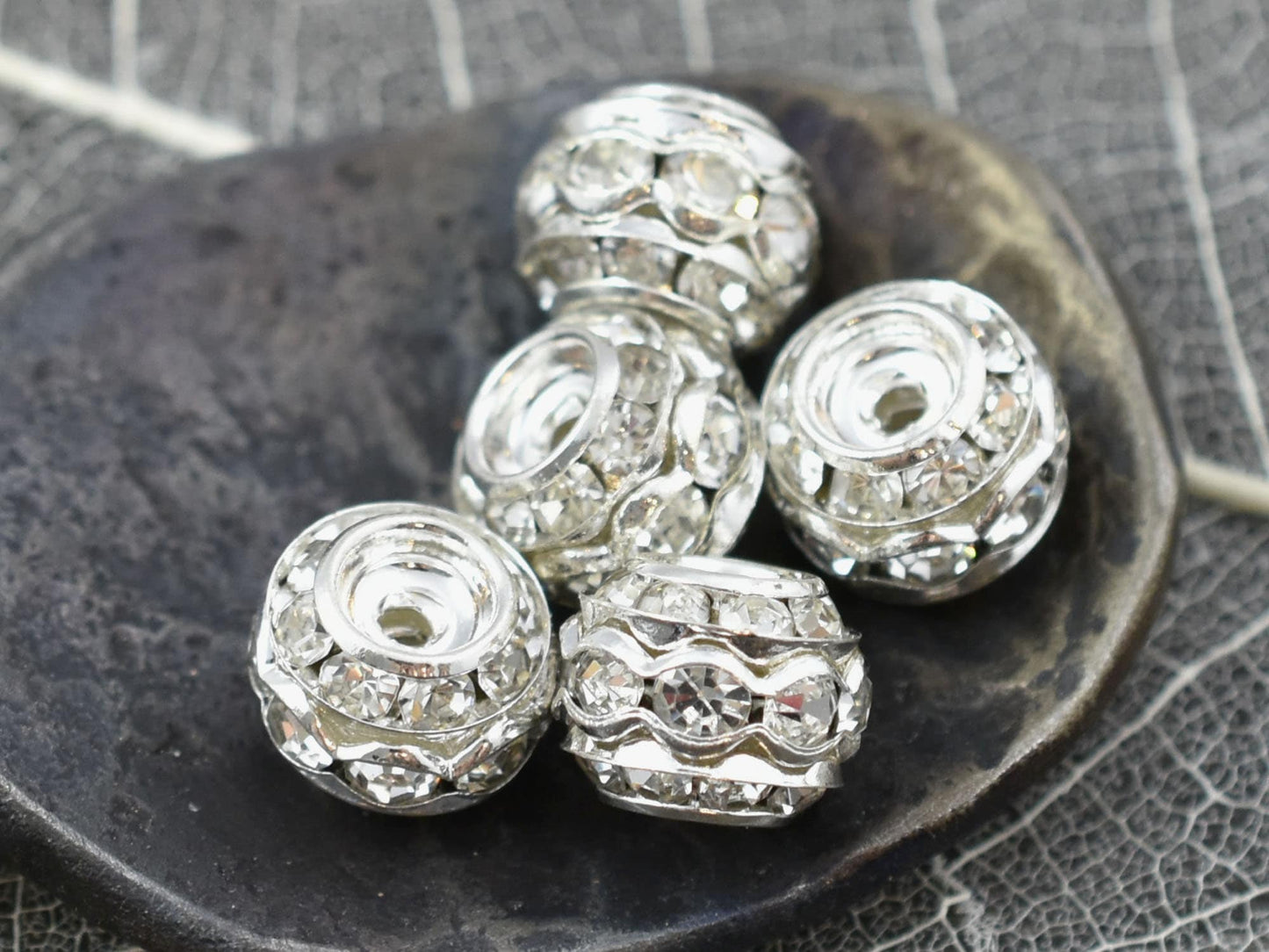 *10* 10mm Silver Stacked Barrel Rhinestone Beads