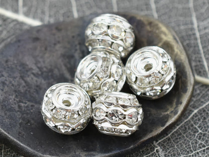 *10* 10mm Silver Stacked Barrel Rhinestone Beads