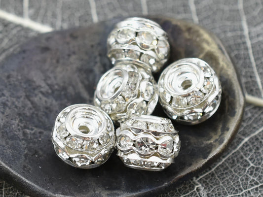 *10* 10mm Silver Stacked Barrel Rhinestone Beads