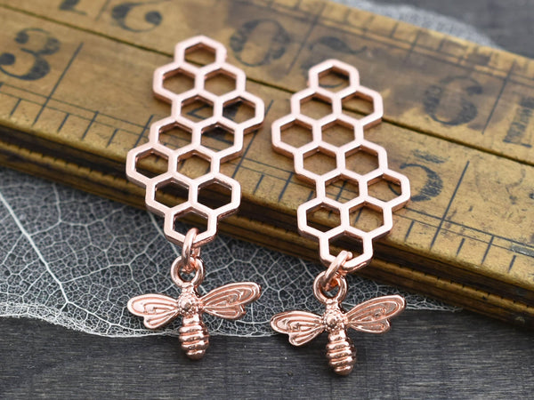 *2* 46x16mm Rose Gold Bee Honeycomb Charms