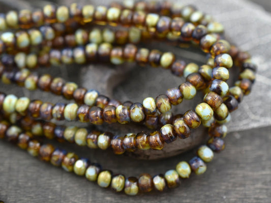 Trica Beads - Seed Beads - Czech Glass Beads - 4x3 - Picasso Beads - Turquoise Amber - Size 6 Beads  - 50pcs - (4686)