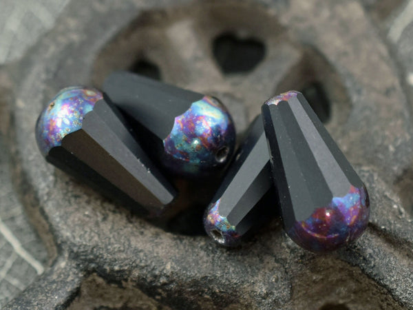 Czech Glass Beads - Teardrop Beads - Drop Beads - Picasso Beads - Black Beads - Faceted Beads - 8x15mm - 4pcs - (4615)