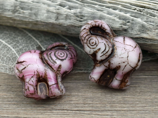 Picasso Beads - Elephant Beads - Czech Glass Beads - Patina Beads - Elephant Pendant - Pink Elephant - 21x20mm - 2pcs - (6000)