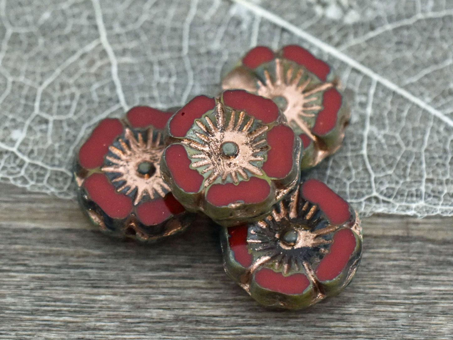 Czech Glass Beads - Hawaiian Flower Beads - Czech Glass Flowers - Red Flower Bead - Hibiscus Flower - 12mm - 6pcs (5973)