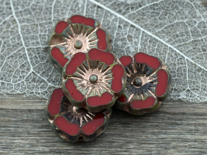 Czech Glass Beads - Hawaiian Flower Beads - Czech Glass Flowers - Red Flower Bead - Hibiscus Flower - 12mm - 6pcs (5973)