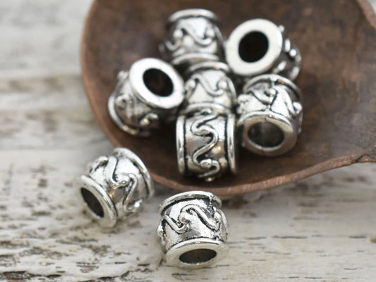 *10* 8x9mm Antique Silver Large Hole Barrel Beads