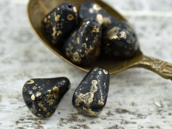 Czech Glass Beads - Drop Beads - Teardrop Beads - Picasso Beads - Gold Splattered - Black Gold - Vintage Style - 12x10mm - 6pcs (3515)