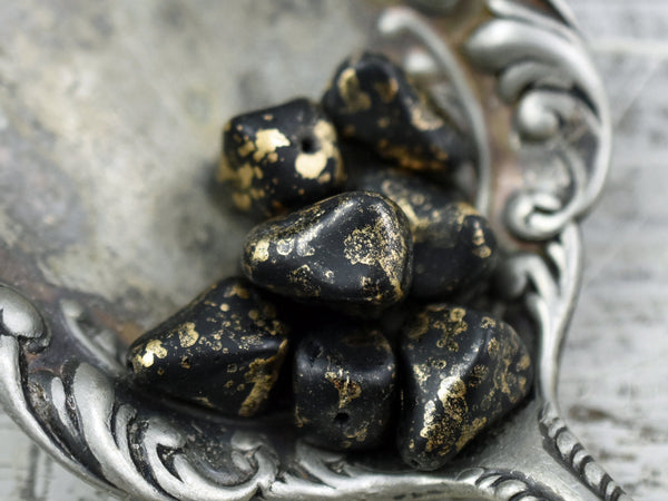 Czech Glass Beads - Drop Beads - Teardrop Beads - Picasso Beads - Gold Splattered - Black Gold - Vintage Style - 12x10mm - 6pcs (3515)