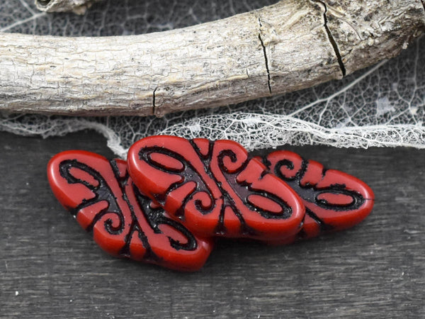 Czech Glass Beads - Picasso Beads - Red Beads - Ornate Beads - Diamond Beads - Arabesque Design - 19x9mm - 6pcs - (B327)