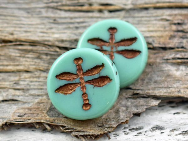 Dragonfly Beads - Czech Glass Beads - Picasso Beads - Dragonfly Coin Beads - Czech Glass Dragonfly - 18mm - 2pcs - (3207)