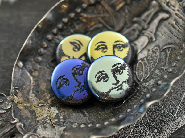 Czech Glass Beads - Laser Etched Beads - Moon Face Beads - Celestial Beads - Coin Beads - 14mm - 4pcs - (592)