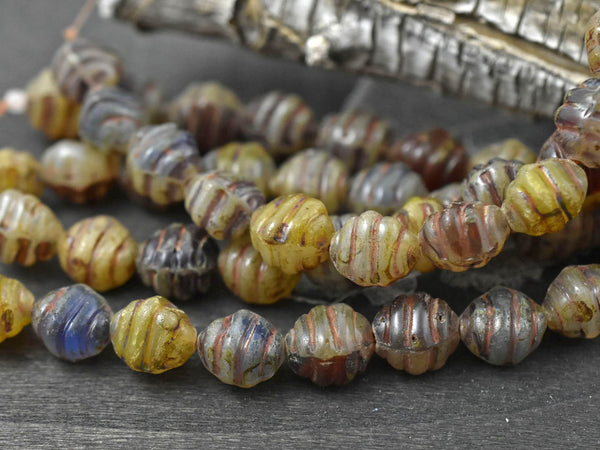 Vintage Beads - Czech Glass Beads - Picasso Beads - Oval Beads - Chunky Beads - Spiral Beads - Beehive - 18pcs - 11x10mm - (397)