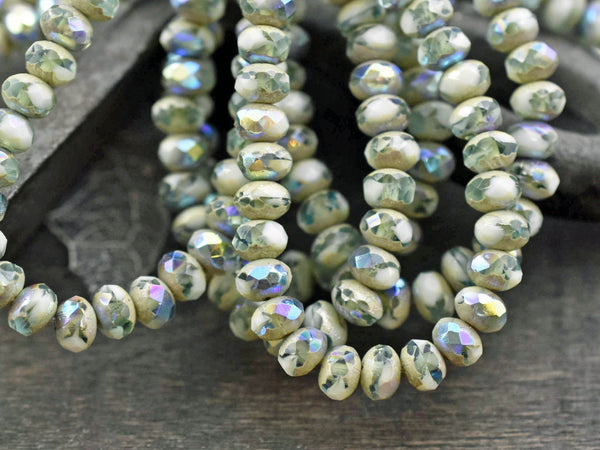 *30* 3x5mm Antique Silver AB Washed Blended Green/White Fire Polished Rondelle Beads Czech Glass Beads by GR8BEADS - The Bead Obsession