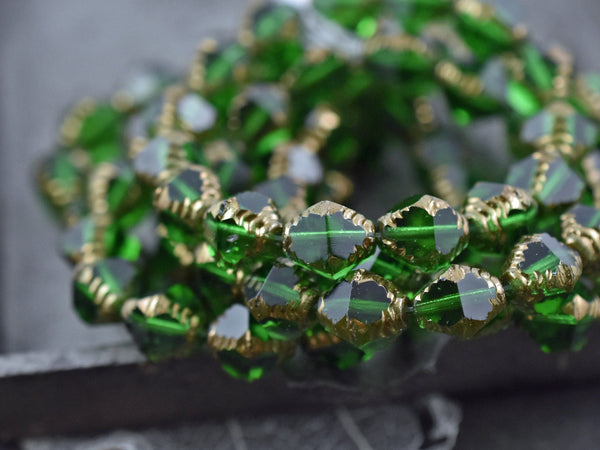 Picasso Czech Glass Beads, 8mm Emerald Green and White Faceted