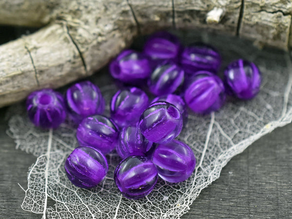 Czech Glass Beads - 2mm Hole Beads - Large Hole Melon Beads - 6mm Beads - Melon Beads - Purple Beads - Round Beads - 25pcs - (914)