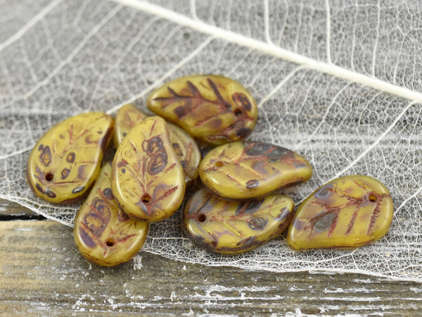 Picasso Beads - Leaf Beads - Czech Glass Beads - Top Drilled Leaf - Top Drilled Leaves - Top Hole -  15x9mm- 25pcs - (3372)