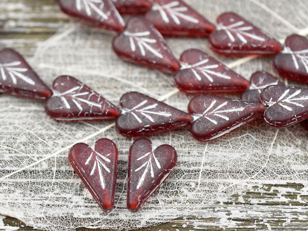 *8* 17x11mm Silver Washed Ruby Red Heart Leaf Beads Czech Glass Beads by GR8BEADS - The Bead Obsession