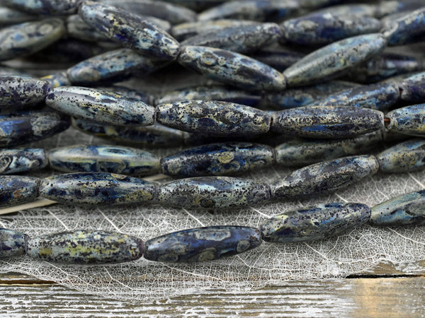 Picasso Beads - Czech Glass Beads - Tube Beads - Vintage Beads - Navy Blue Beads - 25x8mm - 4pcs (A364)
