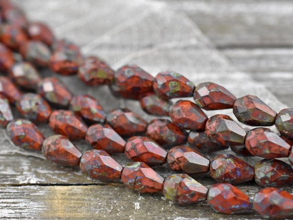 Picasso Beads - Czech Glass Beads - Teardrop Beads - Vintage Czech Glass - Travertine Beads -  10pcs - 7x9mm - (4197)