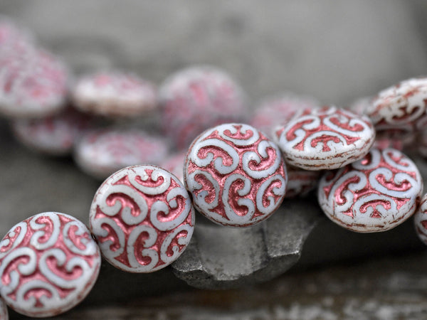 Czech Glass Beads - Button Beads - Brocade Coin Beads - Shabby Chic - Vintage Style - Czech Beads - Lentil Beads - 13mm - 8pcs - (3304)
