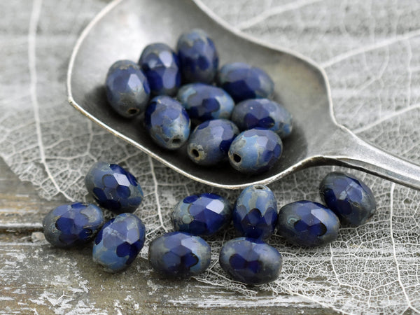 Picasso Beads - Czech Glass Beads - Fire Polished Beads - Oval Beads - Navy Blue Beads - 6x8mm - 15pcs (3511)