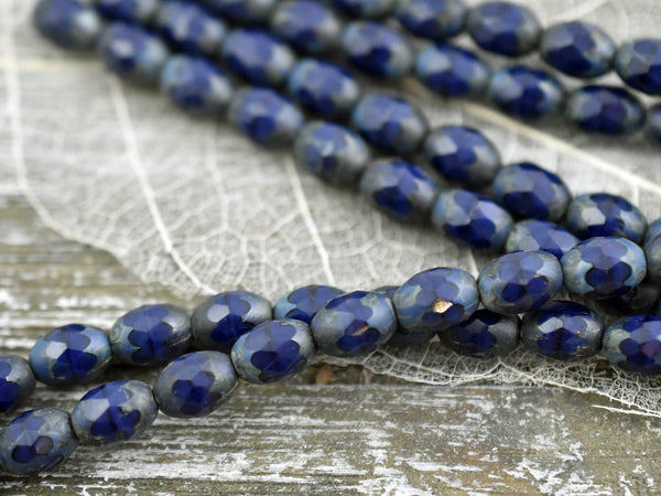 Picasso Beads - Czech Glass Beads - Fire Polished Beads - Oval Beads - Navy Blue Beads - 6x8mm - 15pcs (3511)
