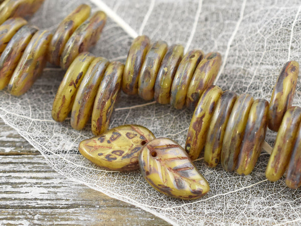 Leaf Beads - Czech Glass Beads - Picasso Beads - Top Drilled Leaf - Top Drilled Leaves - Top Hole -  15x9mm- 12pcs - (3372)