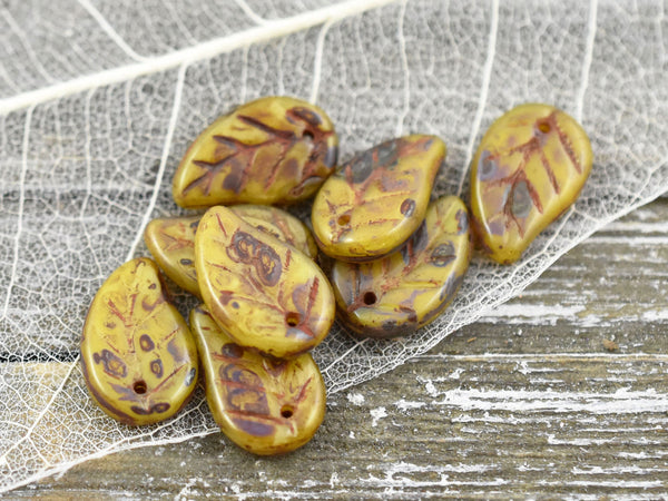 Leaf Beads - Czech Glass Beads - Picasso Beads - Top Drilled Leaf - Top Drilled Leaves - Top Hole -  15x9mm- 12pcs - (3372)