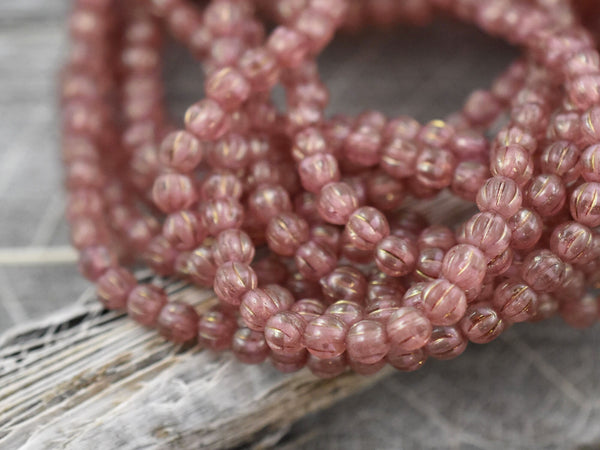 Melon Beads - Czech Glass Beads - Fluted Beads - Round Beads - Pink Beads - Picasso Beads - 4mm - 50pcs - (349)