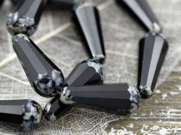 Czech Glass Beads - Drop Beads - Teardrop Beads - Picasso Beads - Jet Black Beads - Faceted Beads - 8x20mm - 2pcs - (3335)