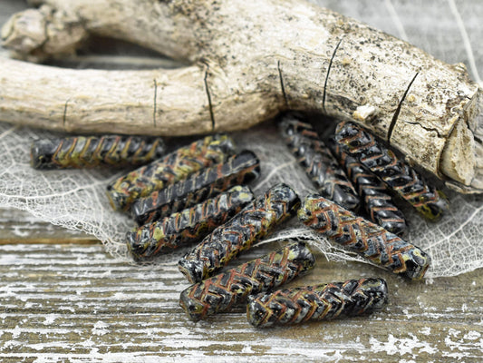 Picasso Beads - Czech Glass Beads - Czech Tube Beads - Stick Beads Bugle Beads - Jet Black Picasso - 18x4mm - 11pcs (A137)