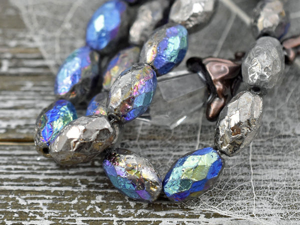Czech Glass Beads - Etched Beads - Metallic Beads - Faceted Beads - Fire Polished Beads - Oval Beads - 12x8mm - 6pcs (A293)