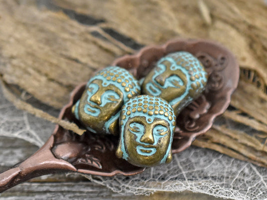 *20* Antique Bronze Green Patina Buddha Head Bead 11x9mm