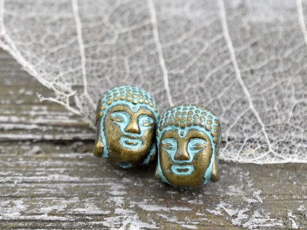 *10* Antique Bronze Green Patina Buddha Head Bead 11x9mm