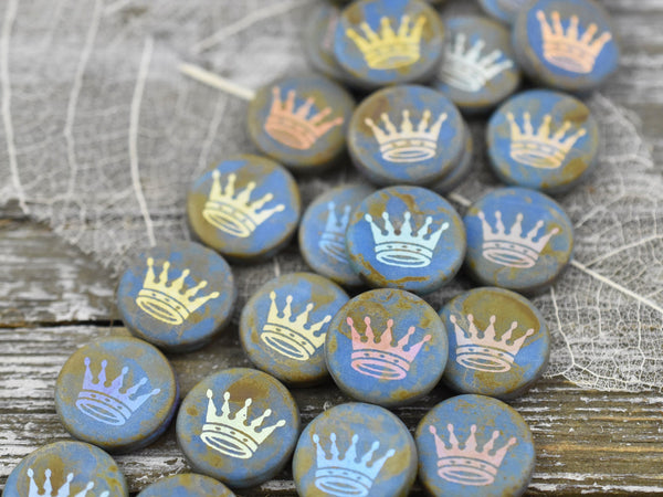 Czech Glass Beads - Picasso Beads - Crown Beads - Laser Etched Beads - Laser Tattoo Beads - 14mm - 4pcs - (3575)